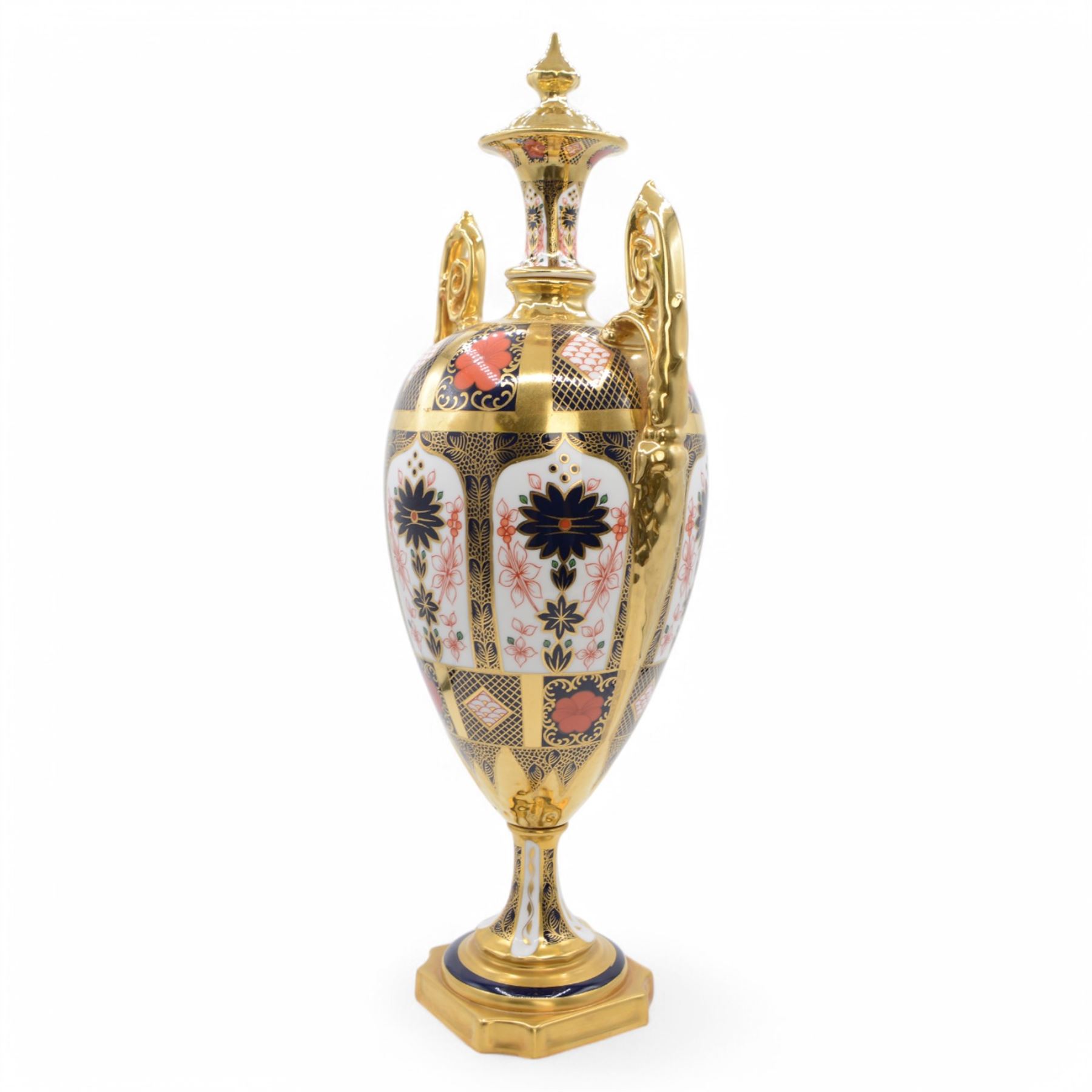 Royal Crown Derby Imari 1128 pattern twin handled urn, with printed mark beneath, second quality, H44cm