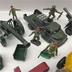 Various makers - unboxed and playworn die-cast models including Dinky Thornycroft Mighty Antar Tank Transporter No.660 and Centurion Tank No.651, other military and farm vehicles; and quantity of loose plastic soldiers and other figures by Crescent, Britains etc