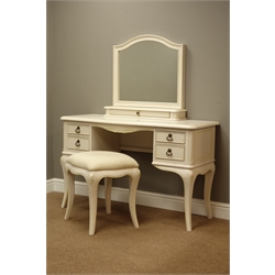  Lees of Grimsby 'Rococo' French style cream painted wood dressing table, shaped mirror with trinket drawer, four small drawers, with matching stool, W120cm, H141cm, D47cm  