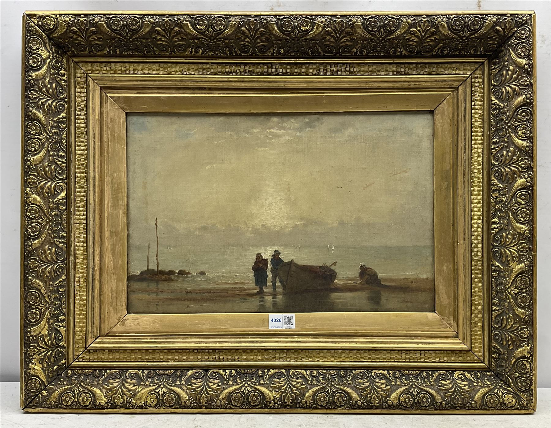 English School (19th century): Fisher Folk and Coble on the Beach at Sunset, oil on canvas unsigned 30cm x 45cm