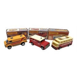 Matchbox/Superfast - nine '1-75' series models comprising 64d Fire Chief car, 65e Airport Coach, 66f Tyrone Malone Superboss, 68e Chevrolet Van, 69e Security Truck, 71e Cattle Truck, 72d Bomag Road Roller, 75c Alfa Carabo and 75e Helicopter; all boxed; and eight unboxed and playworn models (17)