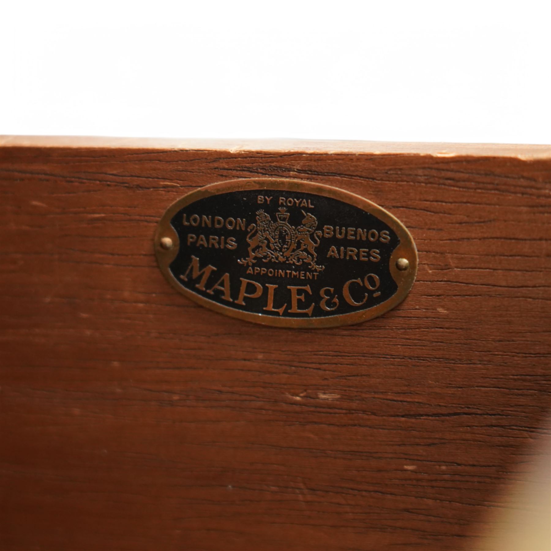 Maples & Co. Edwardian mahogany bureau bookcase, projecting moulded cornice over two astragal glazed door, panelled hinged lid over two drawers and double cupboard, on bracket feet