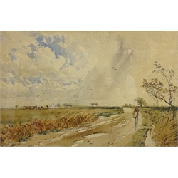  Steam Train Approaching a Bridge, Figure Walking Along a Country Path, Seascape and Farmstead, four watercolours by George Taylor, three unsigned max 32cm x 48cm (4)  