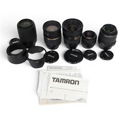 Five AF and AF-S lenses, comprising Nikon Nikkor AF-S 18-55mm 1:3.5-5.6G, Nikon Nikkor AF-...