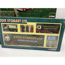 Corgi Eddie Stobart - limited edition CC12610 Scammell Crusader 3 Axle Low loader, CC12502 Atkinson Borderer Flatbed Trailer and AA30008 Douglas DC-3 Aircraft; TY99158 5-Piece Superhauler Set; and M6 Motorway Set; all boxed (5)