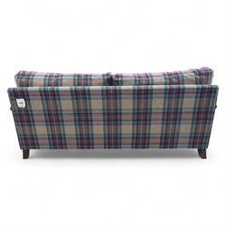 John Lewis - contemporary two seat sofa, upholstered in multicoloured check pattern fabric with removable seat and back cushions, gently scrolled arms and low square feet