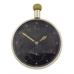 WWI Royal Flying Corps keyless lever pocket watch by Doxa, black enamel dial marked '30 Hour Luminous Mark V B E 4875', with subsidiary seconds dial, the back case engraved 'A' over broad arrow 