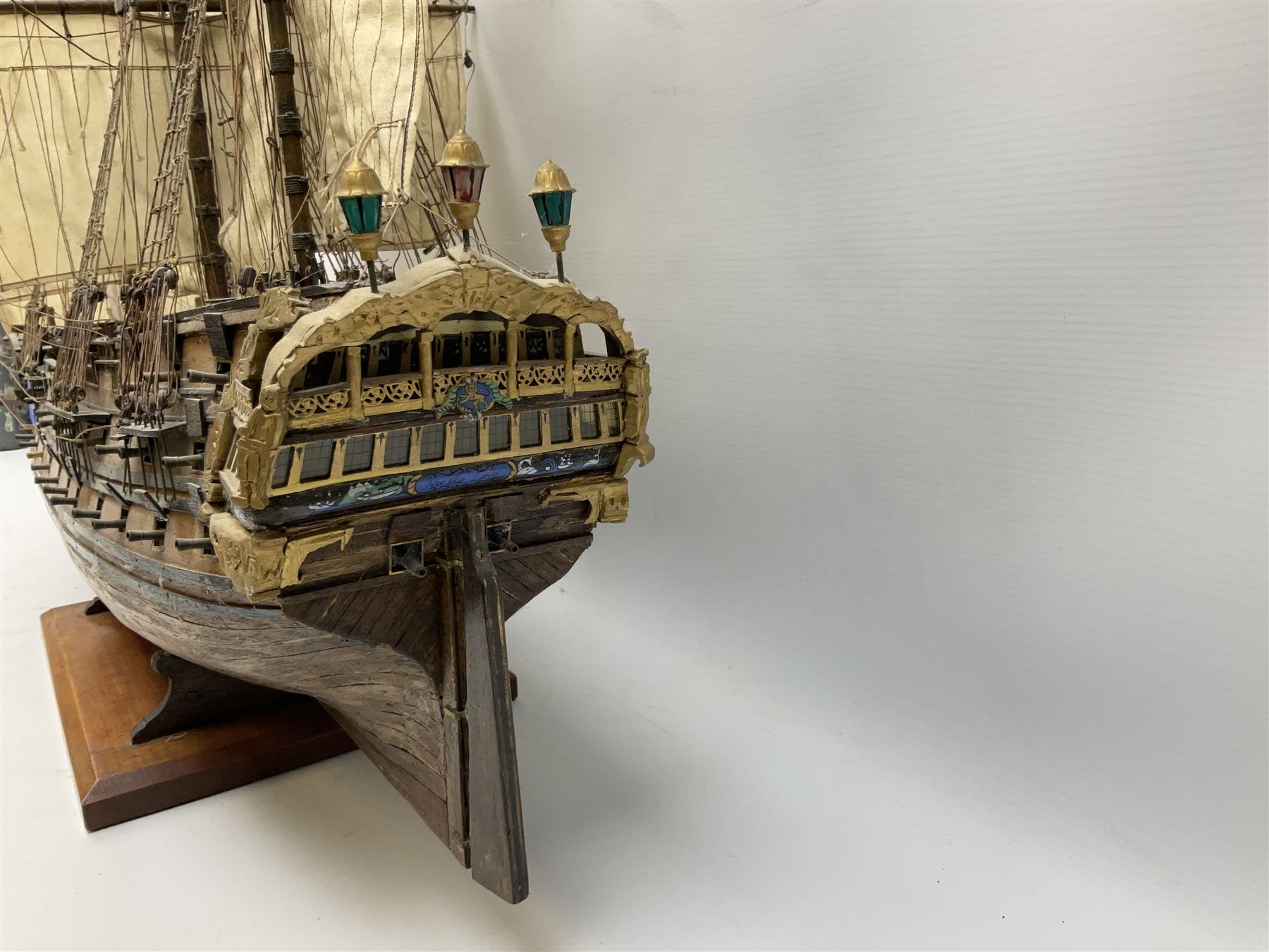 Wooden model of the three mast sailing ship with full rigging, on a wooden display base, H95cm, L110cm