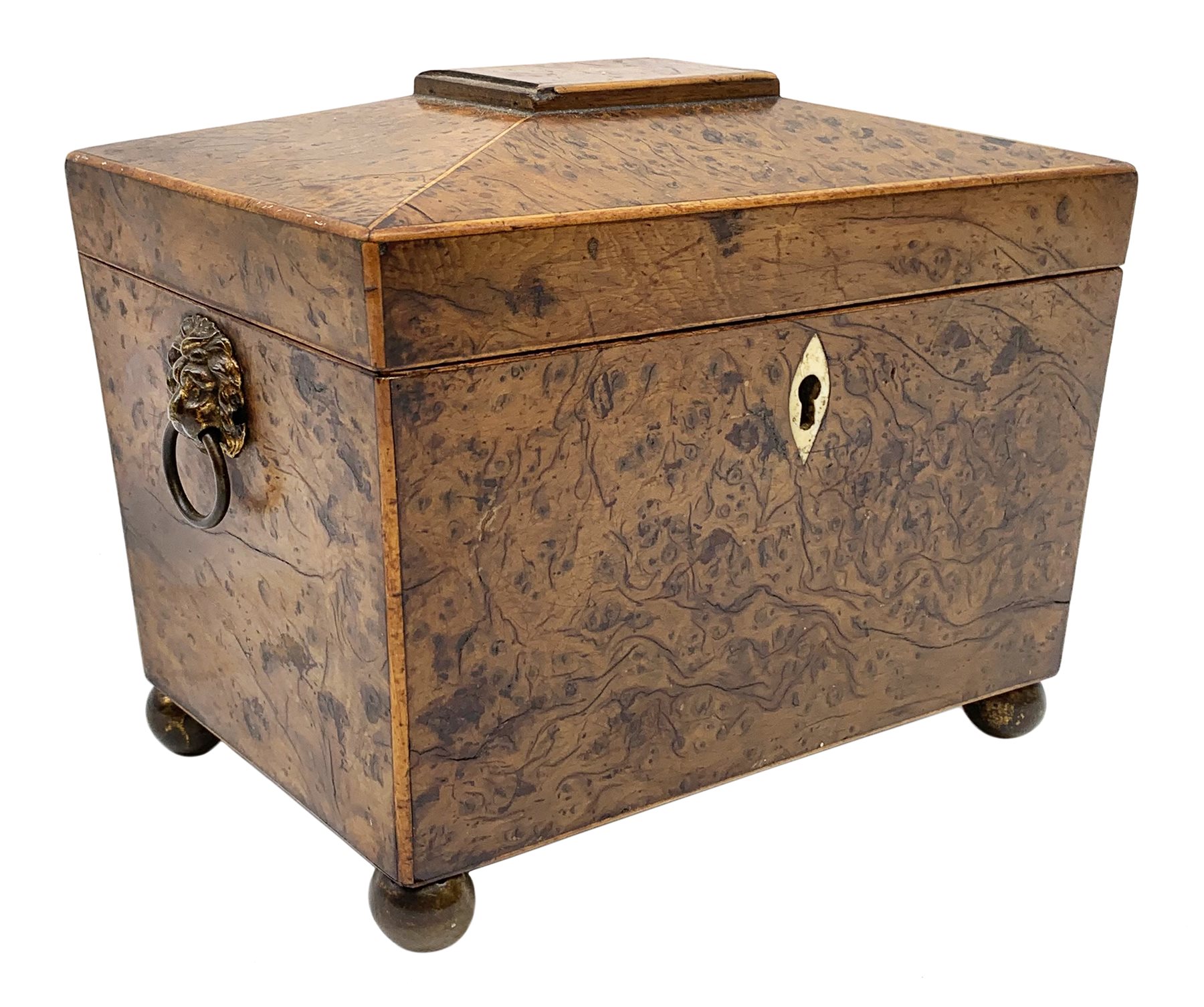George III burr yew tea caddy, of sarcophagus form with lion mask ring handles and four brass ball feet, the hinged lid opening to reveal two compartments with cross-banded lids and traces of metallic paper lining, L19cm