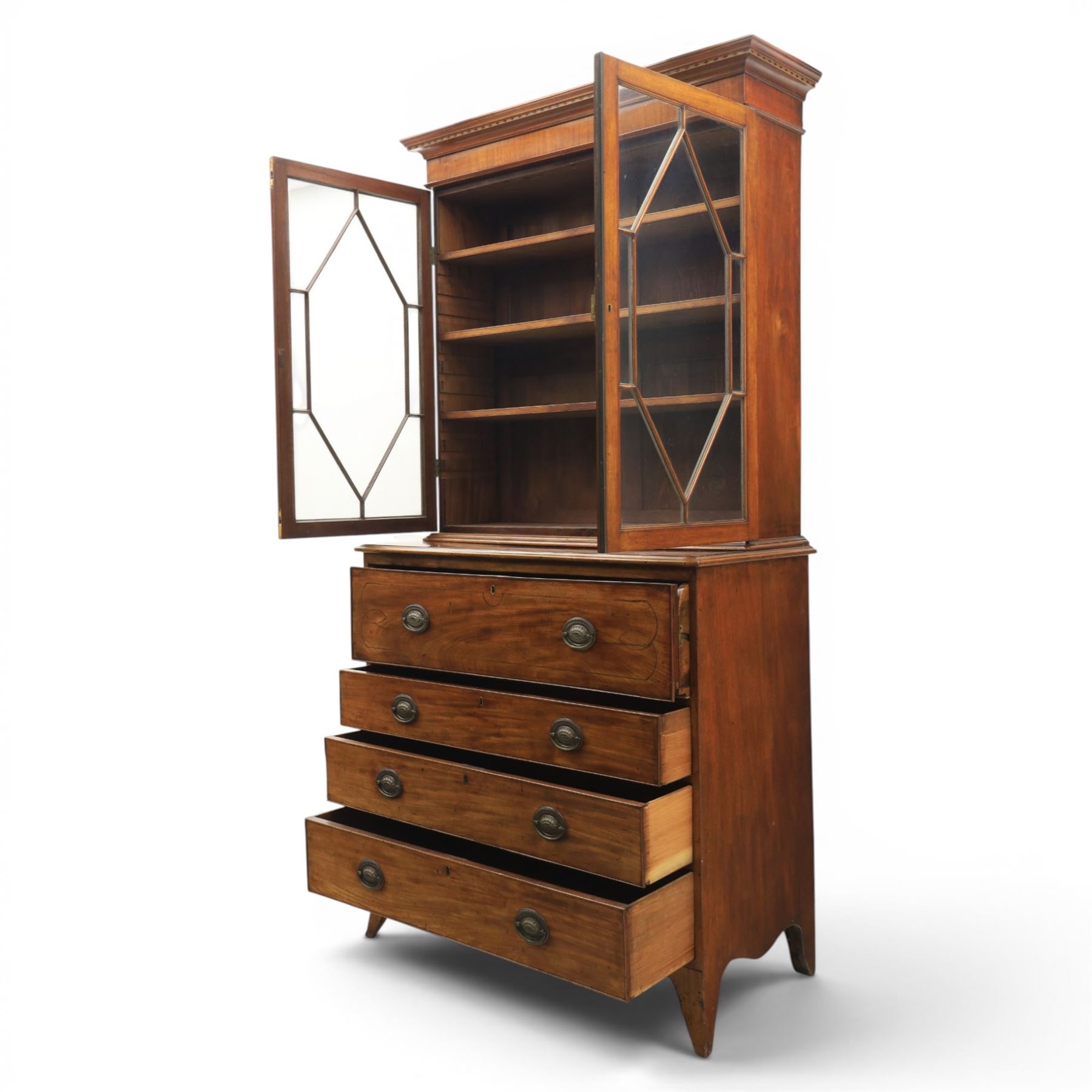George III mahogany secretaire bookcase, the upper section with projecting cornice above astragal glazed doors, with three adjustable shelves, the lower section with secretaire drawer, fitted and with tooled leather writing surface, inlaid drawer fronts with brass handles, three graduating drawers below, raised on bracket feet
