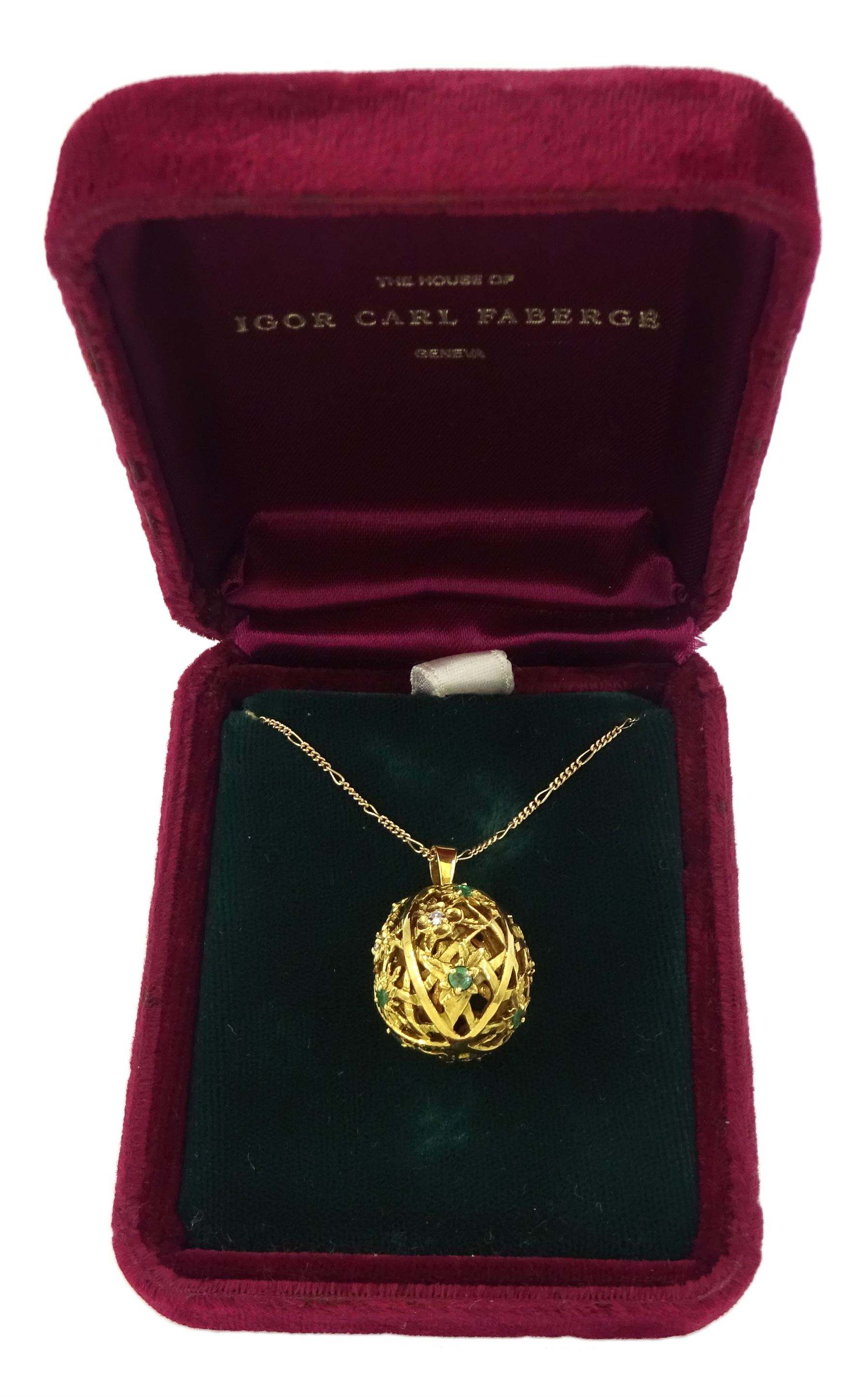 Igor Carl Faberge for Franklin Mint 14ct gold emerald and round brilliant cut diamond egg pendant, London import mark 1984, boxed