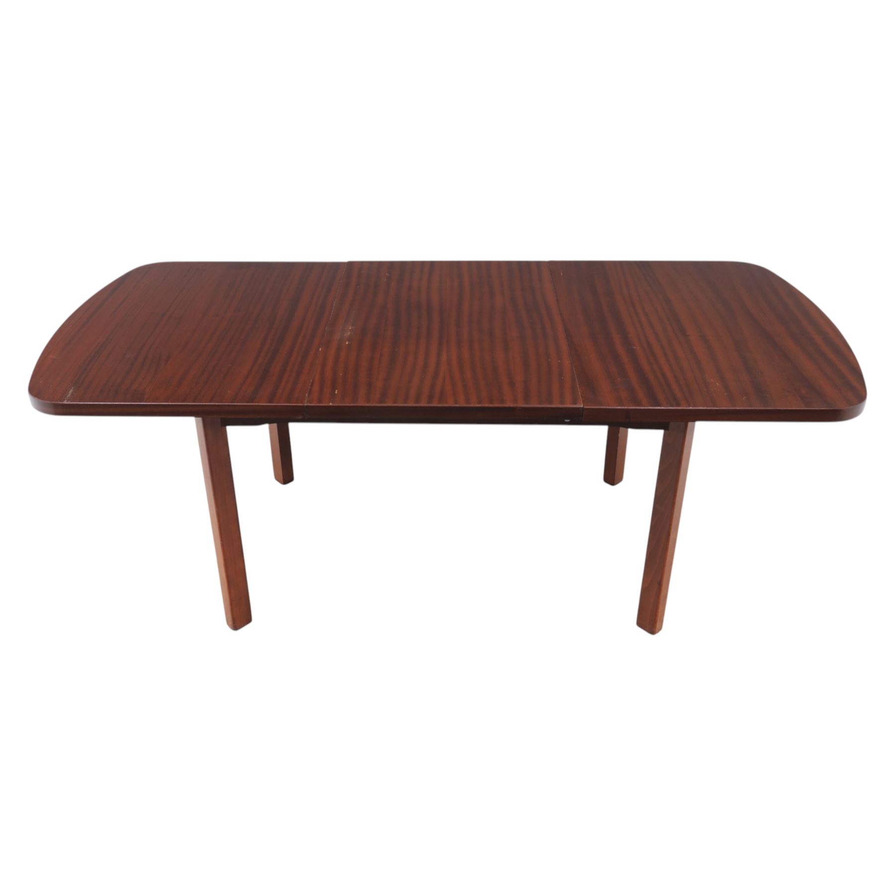 Mid-20th century mahogany extending dining table, with additional leaf, raised on square legs