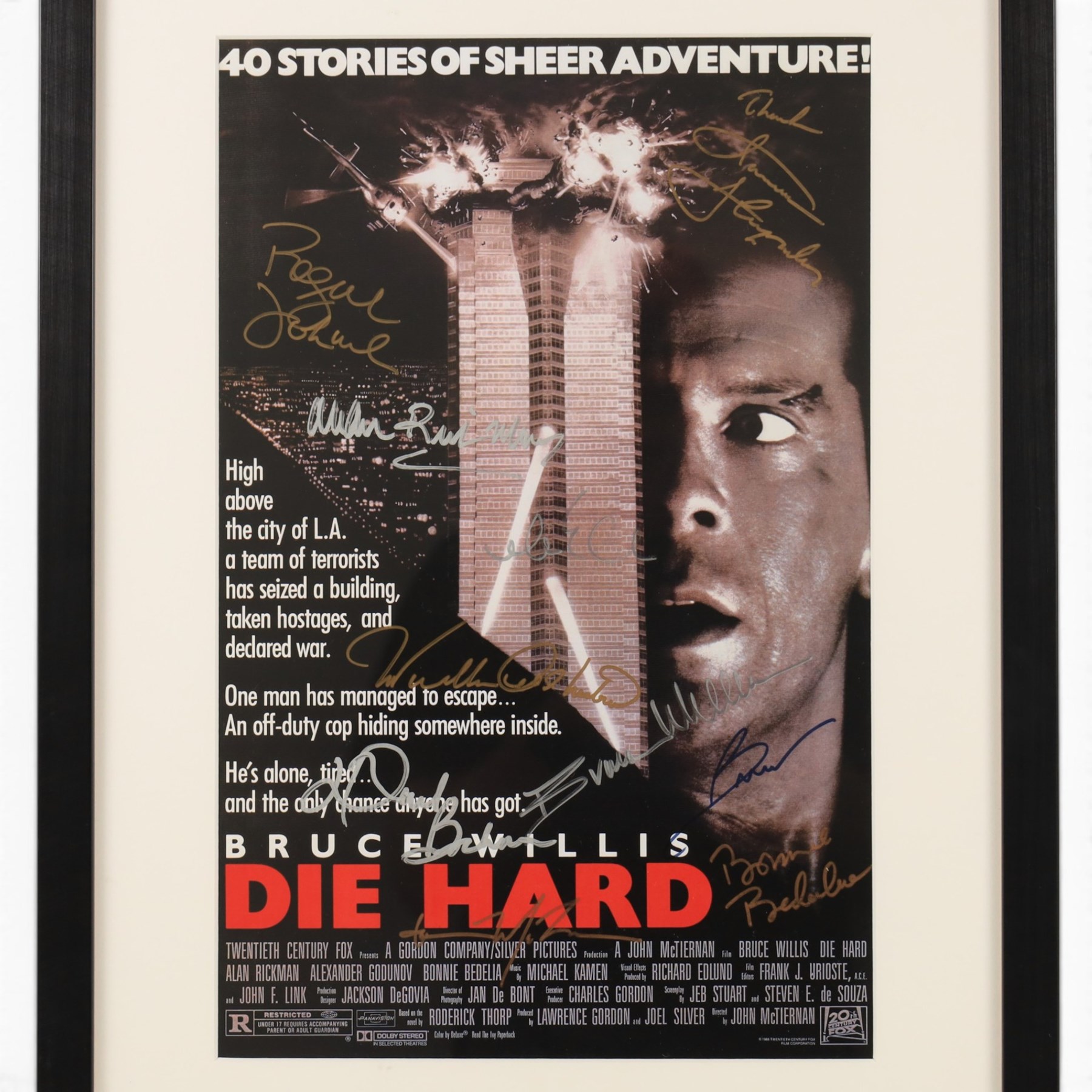 Die Hard (1988) cast signed movie poster, signatures to include Bruce Willis, Bonnie Bedelia, Reginald VelJohnson, William Atherton, Hart Bochner, James Shigeta, Alan Rickman, Bruno Doyon, Andreas Wisniewski and John McTiernan, framed with certificate of authenticity from RICA verso, frame H57cm, W42cm