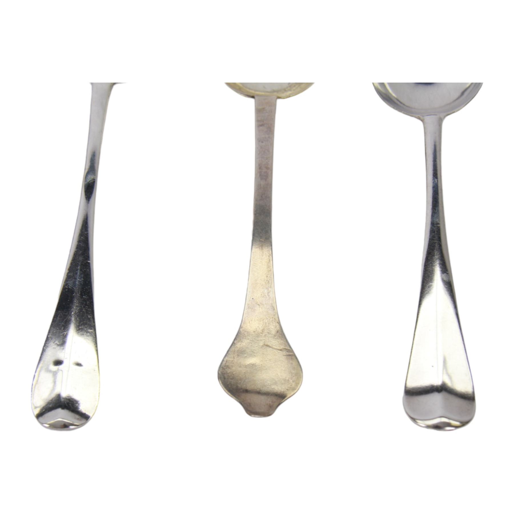 Two 18th century American silver Hanovarian pattern tablespoons with rat tail bowls, the first example marked for Joseph Edwards, Boston MA, L18.5cm, the second marked for Jonathan Clarke, Newport RI, L20cm, together with an 18th century American silver dog nose spoon with rat tail bowl, marked for Thomas Edwards, Boston MA, L19cm, 


