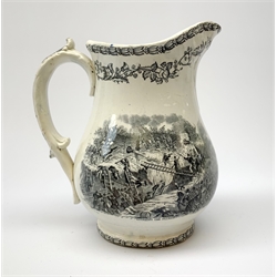 A 19th century Staffordshire pottery pearlware Crimea commemorative jug, black transfer printed with battle scenes, entitled Battle of Alma, Charge of the Highlanders, and Storming the Malakhofi, H18cm. 