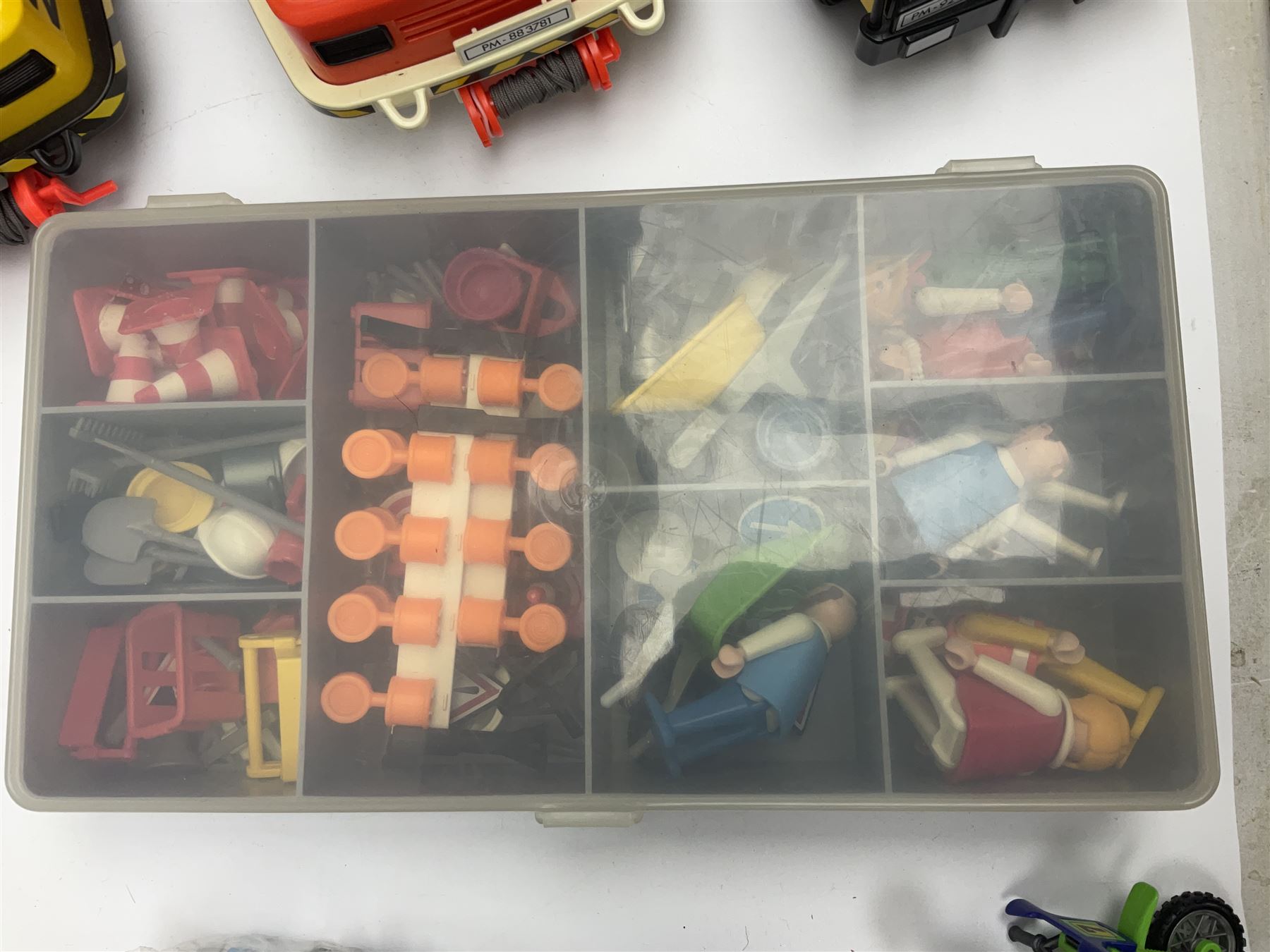 Collection of 1980s/90s Playmobil - vehicles including Fire-Engine No.21, Mobil Crane No.28, Quick Service Truck No.1 with trailer, Dumper Truck, GSL Sports car, GS Turbo car and three motorcycles; together with boxed Knights Tournament Set, Playmospace Space Station and Shuttle, wigwam and various accessories and figures etc