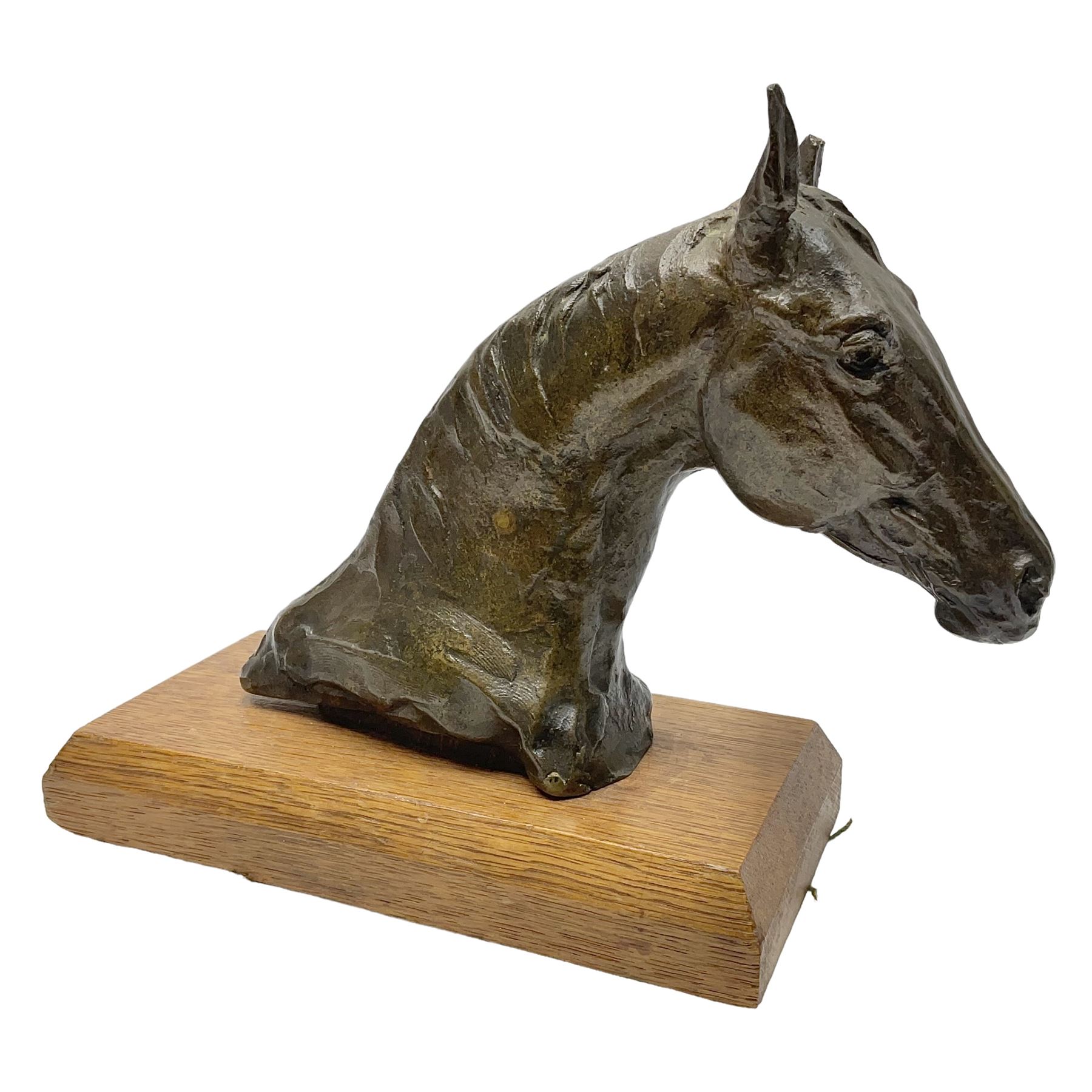 After Sydney March, bronze figure of horses head, wupon a wooden plinth, H17cm
