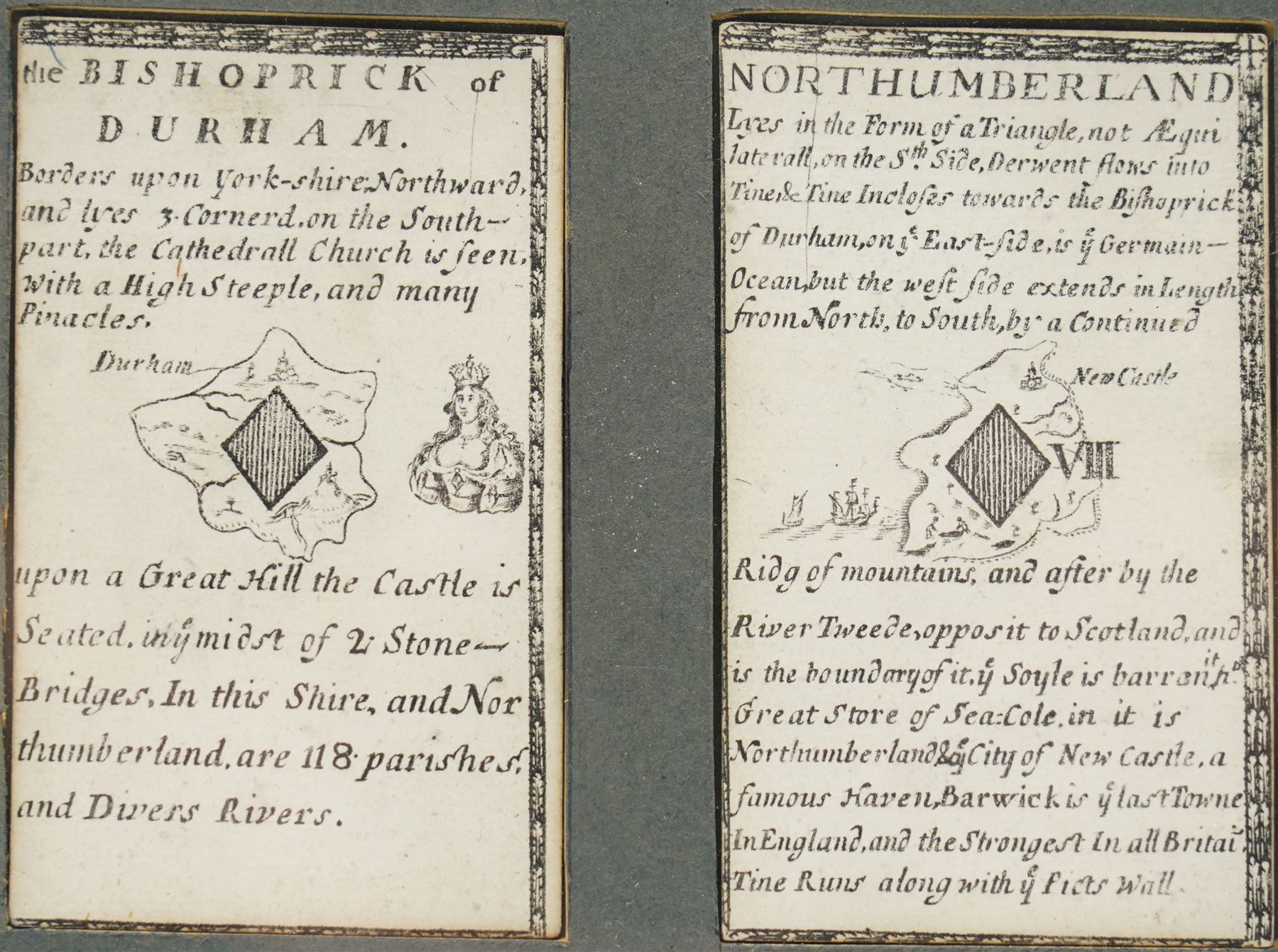  William Redmayne (British fl.1674-1719): 'Bishoprick of Durham' (Queen of Diamonds) and 'Northumberland' (Eight of Diamonds), pair 17th/18th century engraved playing card maps pub. 1712, 9.5cm x 5.5cm (framed as one)