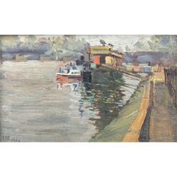 EOJ (British early 20th century): Canal Scene, oil on board signed with initials and dated 1910, 9cm x 14.5cm