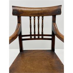 19th century country elm and yew wood armchair, the cresting rail with draught turned mounts over spindle turned back, down sweeping arms on turned supports, plank seat, turned supports joined by plain stretchers