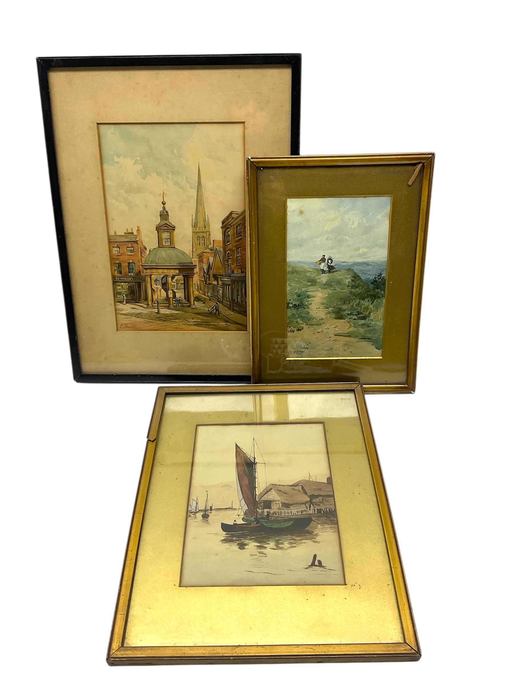 Albert Sorby Buxton (British 1867-1932): Maids in the Fields, watercolour signed and and dated 1910, 23cm x 14cm; together with a Louisa Fennell Wakefield print and another watercolour of boats (3)