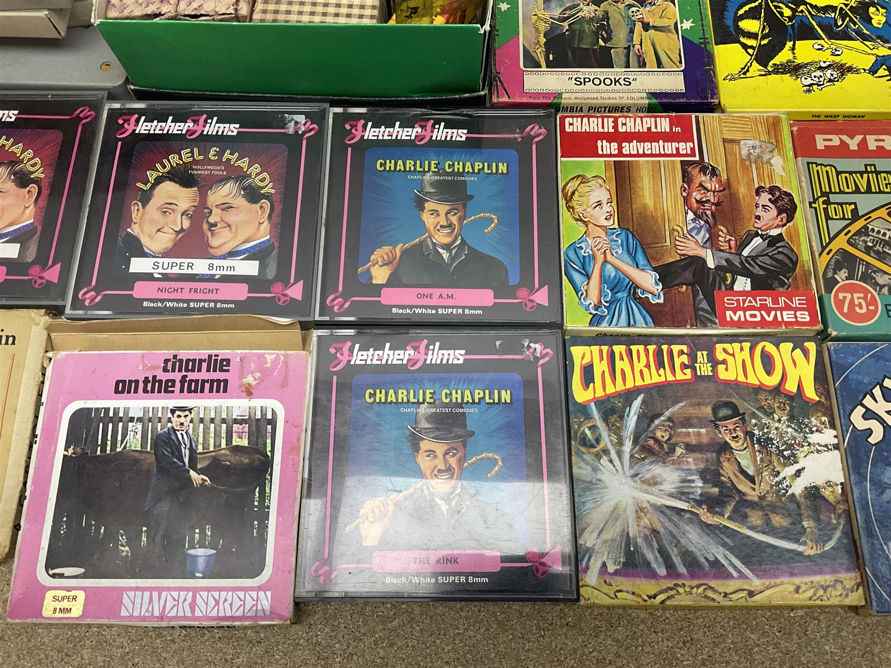 Film reels, mostly 8mm, to include Charlie Chaplin, Laurel & Hardy, The 3 Stooges, Spartacus the Gladiator etc 