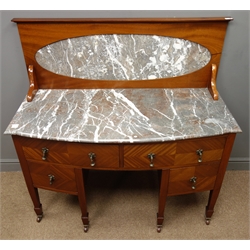  Edwardian mahogany washstand, oval marble inset to raised back, rectangular marble top above two long and two short bow fronted drawers on square tapering supports, spade feet, W118cm, H119cm, D56cm  