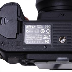 Nikon D90 DSLR camera body, serial no. 8230680, with a Nikon ED AF-S Nikkor 70-300mm 1:4.5-5.6 G lens, serial no. 3102829, with battery and Nikon Quick Charger, in carry case with other accessories including hoods, caps and filters