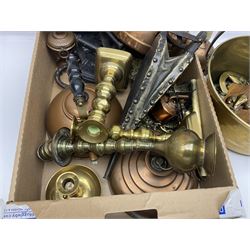 Arts and Crafts style twin handled copper vase, with planished decoration, pair of brass candlesticks, brass jam pan, quantity of horse brasses and a collection of other mostly copper and brass metal wares, etc