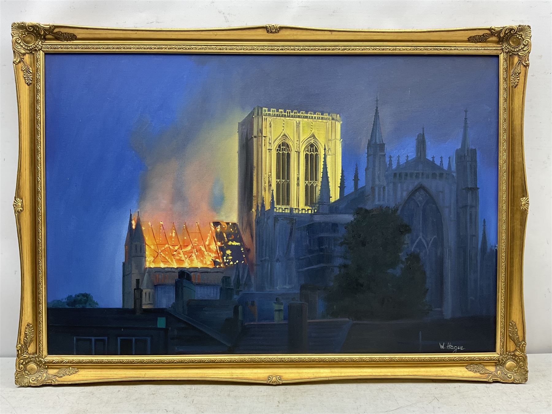 W Hague (British Contemporary): The York Minster Fire of 1984, oil on canvas signed 60cm x 90cm