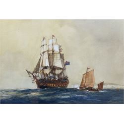 Frank Henry Mason (Staithes Group 1875-1965): British Man o' War off the South Coast, watercolour signed 24cm x 35cm