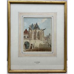 John Sell Cotman (British 1782-1842): Figures Gathered Outside a Church, watercolour signed 19.5cm x 16cm