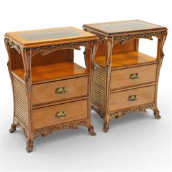 And So To Bed - pair of cherry wood and cane 'Libertine' bedside tables, glass top above a...