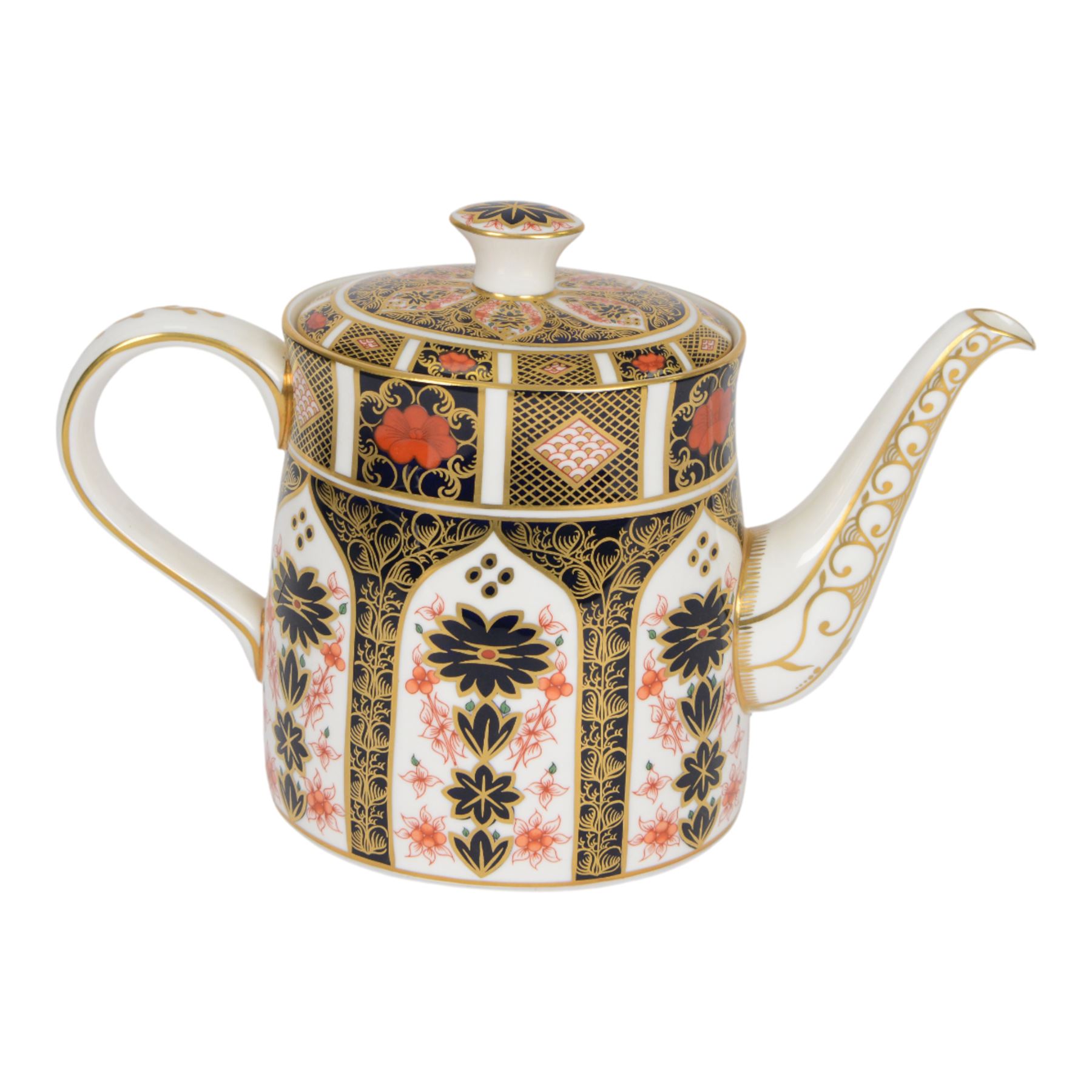 Royal Crown Derby tea set, comprising teapot, milk jug, open sucrier and tea strainer teapot H20cm 