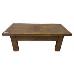 John Lewis - 'Bergerac' oak coffee table, rectangular plank top with single drawer to the longer side, on square supports 