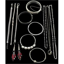 Collection of silver and silver stone set jewellery including five hinged bangles, three necklaces, three bracelets and a pair of earrings, all hallmarked, stamped, or tested 