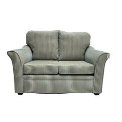 Two seater sofa, upholstered in blue stripe fabric with scrolled arms