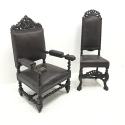 Jacobean style oak library chair, floral carved and pierced cresting rail, upholstered back seat and arms, barley twist supports (W68cm) and a similar oak hall chair, carved cresting rail and supports, upholstered back and seat (W52cm)