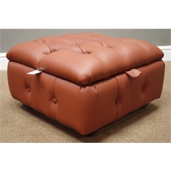  Thomas Lloyd storage footstool with hinged top upholstered in buttoned leather, 55cm x 55cm  
