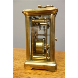  Early 20th century French brass carriage clock, with key and case, H14.5cm (including handle)  