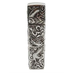 Early 20th century Chinese silver lidded rectangular box, embossed dragon decoration by Luen Wo, circa 1910, approx 2.7oz