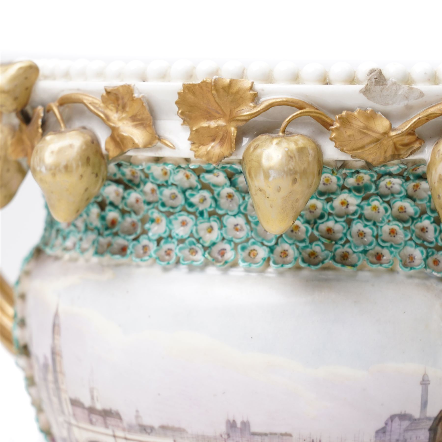 Pair of 19th century Grainger Lee & Co Worcester urns, c1820s-1830s, hand-painted with views of 'Near London Bridge' and 'Brighton Pavilion' upon a ground of encrusted forget-me-not decoration, the beaded rim with twin naturalistically formed handles, leading into vines moulded with strawberries in high relief, the pedestal painted to imitate marble, painted marks to base, H20cm