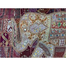 Indian needlework wall hanging depicting an elephant, decorated with sequins and beads, H103cm W150cm
