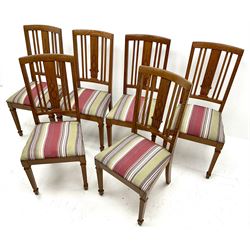 Set of six early 20th century oak dining chairs, carved splat, upholstered drop in seat, square tapering fluted supports 
