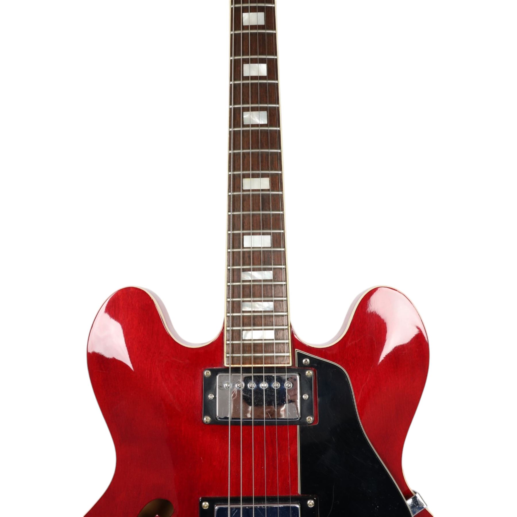 1970s 'lawsuit era' CMI Marshall ES-335 a Japanese-made copy of the Gibson ES-335, semi-hollow body electric guitar in cherry red finish, contained within a fitted hard case, guitar length L106cm