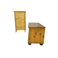 Traditional pine blanket chest, rectangular hinged top, on bun feet (W92cm D41cm H49cm); and beech pedestal chest, fitted with five drawers (W52cm D42cm H95cm)