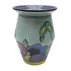 Clarice Cliff Bizarre Latona Leaves pattern, circa 1930, hand painted with stylised flowers and foliage on a blue ground, with printed mark beneath, vase shape no. 342, H20cm