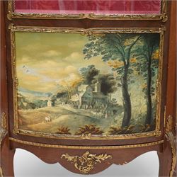 Mid-20th century rosewood vitrine display cabinet, shaped form with cast gilt metal gallery and mounts, enclosed by glazed door with Vernis Martin design panel, fabric lined interior with two glass shelves, on cabriole supports with cast acanthus leaf mounts 