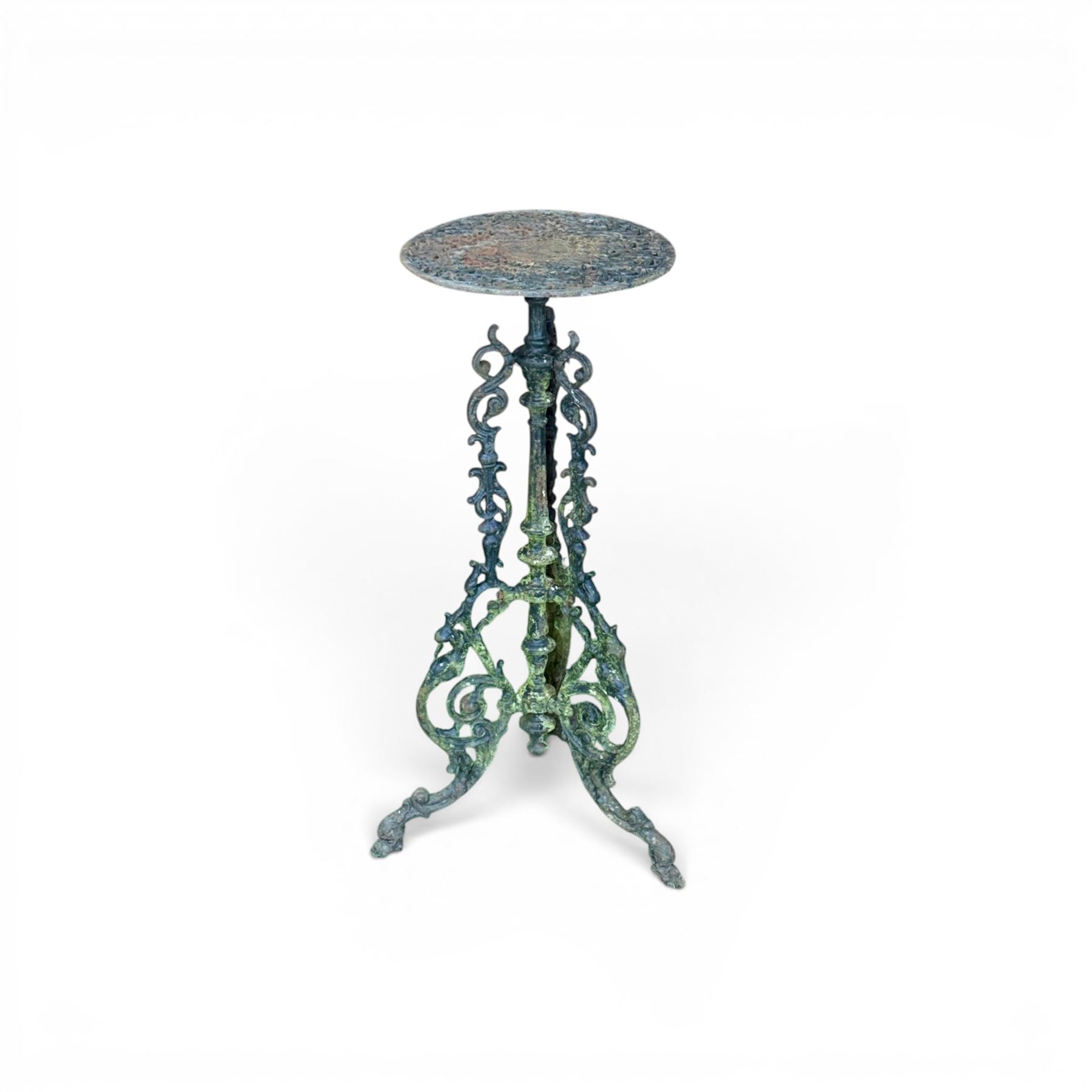 19th century ornate cast iron high garden drinks table, small circular pierced top, raised on three legged base