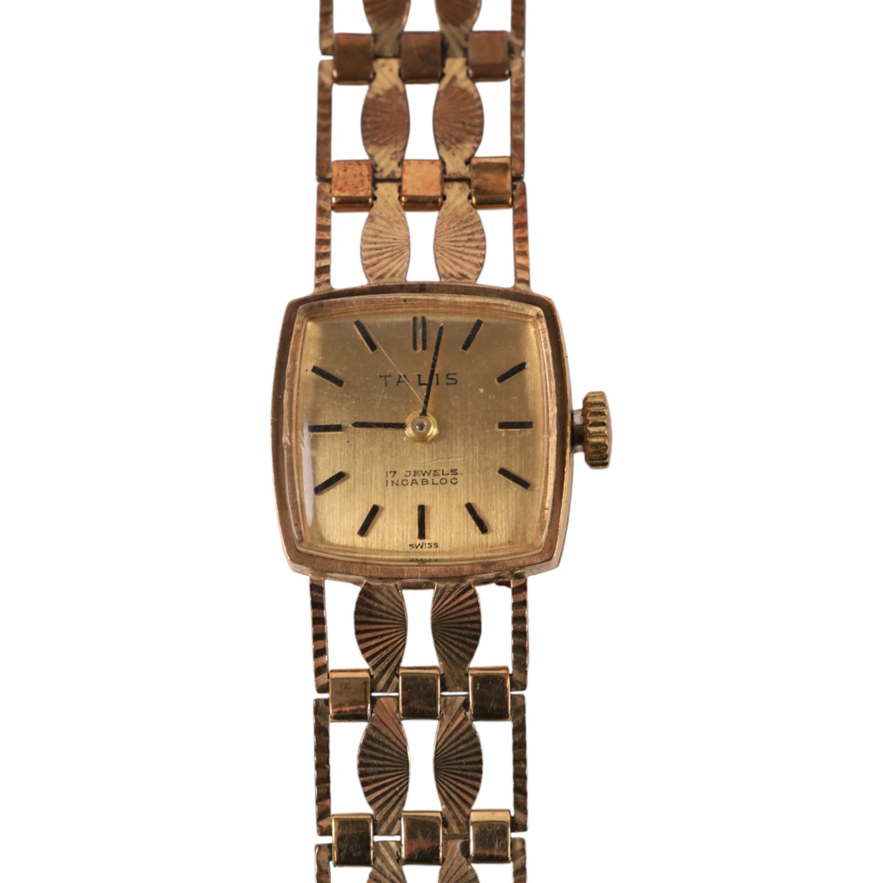 Talis ladies 9ct gold manual wind wristwatch, on integral 9ct gold bracelet, Birmingham 1978